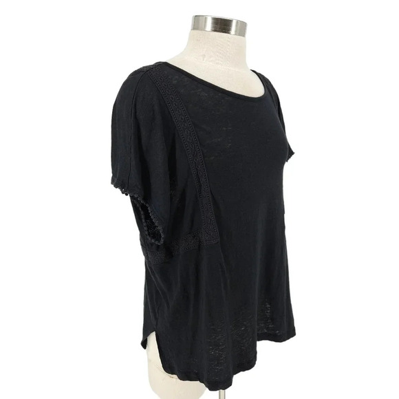 NYDJ Tee Shirt Linen Charcoal Short Sleeve Lace Trim Scoop Neck Boho Top - Picture 2 of 7